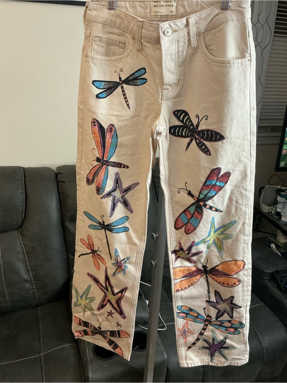 We The Free Cream Canvas Pants with Colorful Dragonfly Detail